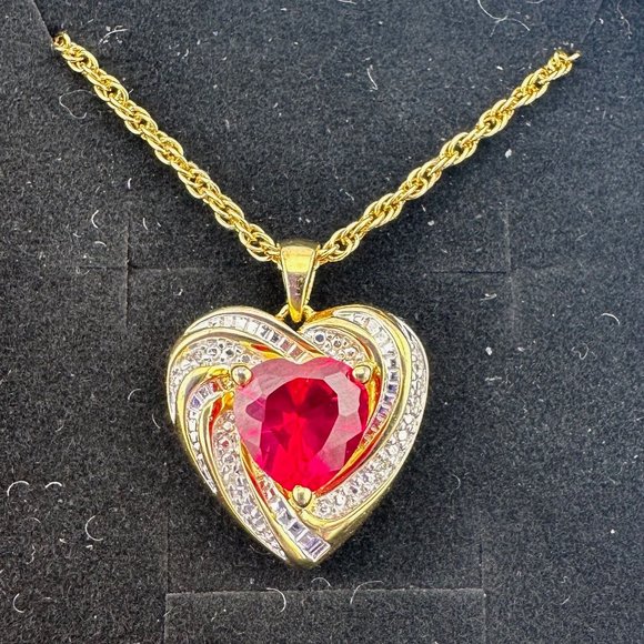 Elegant and Eye Catching Ruby Heart with Round and Baguette White Sapphires - Picture 3 of 11